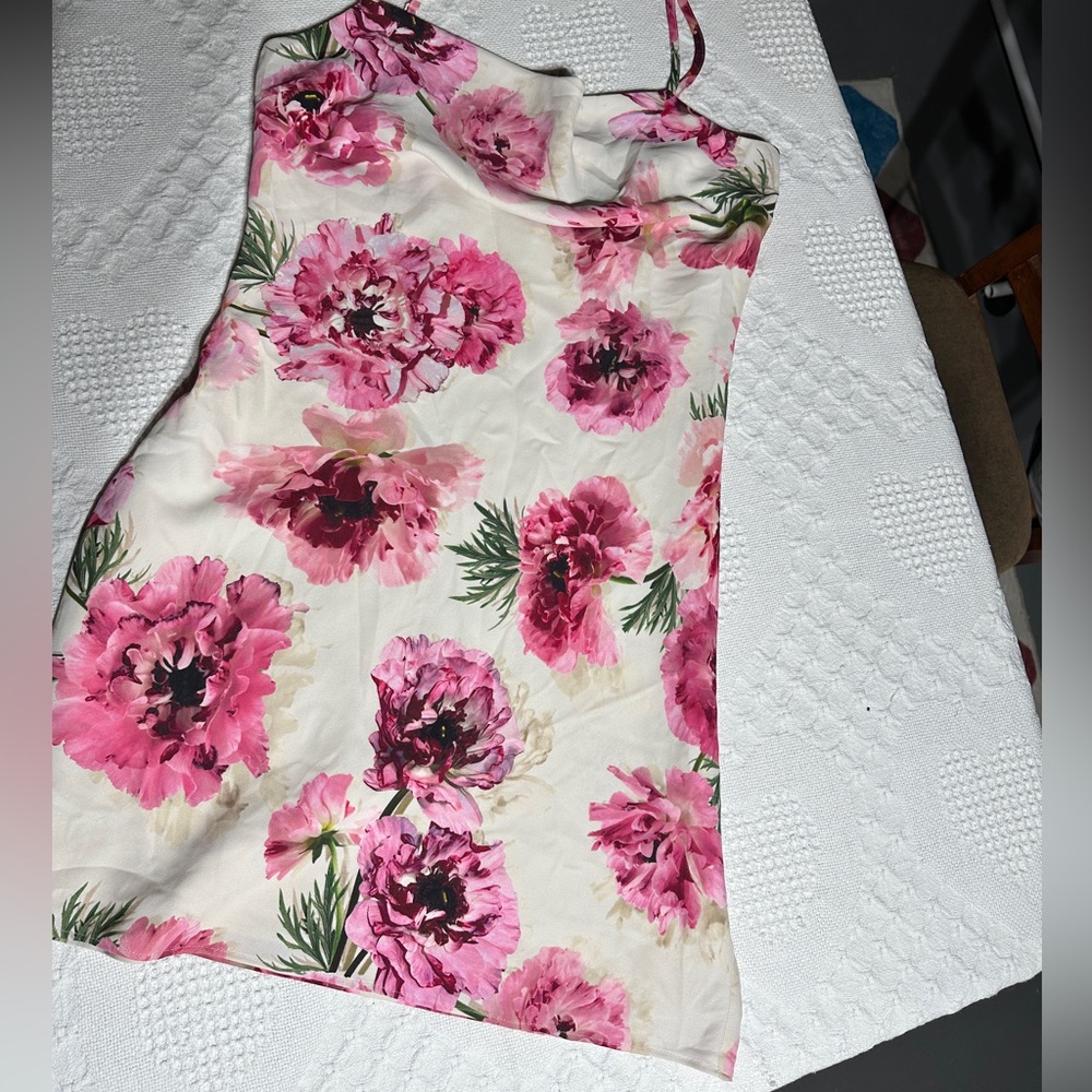 Express Cream Satin Floral Cowl neck mini dress- medium- vintage summer vibes